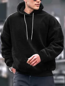 Herren lockerer schwarzer Sherpa-Kapuzenpullover mit Kordelzug für Herbst und Winter