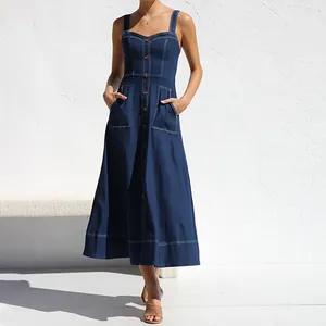 Abito Maxi in Denim Casual da Donna Con Spalline Sottili Bottoni Linea a a Jeans Distressed Abito Lungo Con Tasche Cuciture a Contrasto