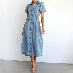Casual light blue denim midi dress with puff sleeves and cinched pleated waist detail