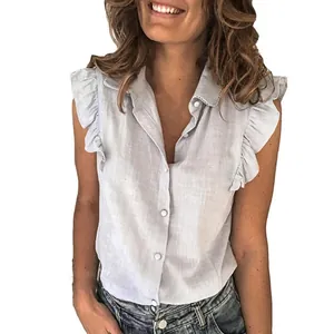 Women's light blue casual sleeveless shirt featuring ruffle shoulders and lapel collar