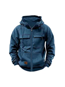 Solid blue men's zip-up hoodie with fleece lining and American retro loose fit.