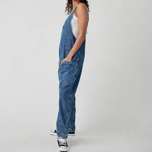 Side view of adjustable denim overalls with V-neckline and large pockets for women.