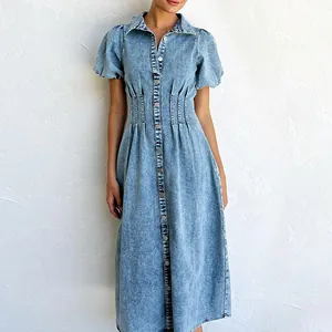 Detail view of casual puff sleeve denim shirt dress with button-down front design