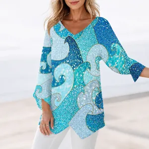 Elegante dames-T-shirt met V-hals en lange mouwen met abstracte blauwe oceaangolf 3D-print