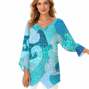Tuniek met V-hals, blauwe oceaangolven glitterprint en asymmetrische zoomlijn