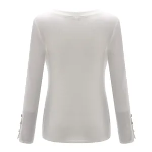 Professional back view of women's white slim fit long sleeve t-shirt with button cuffs