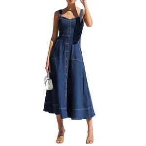 Elegante abito midi in denim senza maniche con bottoni sul davanti e tasche