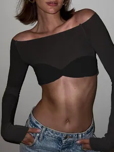 Close-up of black off-shoulder long-sleeve crop top with ribbed texture detail