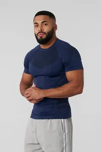 Men's navy blue compression fitness T-shirt with high elasticity for muscle fit training