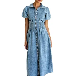 Elegant light wash denim shirt maxi dress with puff sleeves and cinched pleated waist
