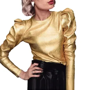 Punk style gold metallic long sleeve T-shirt with vintage puff sleeves