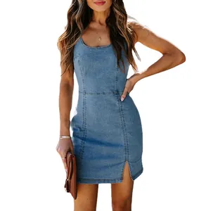 Sexy blue bodycon denim mini dress with sleeveless scoop neck and side slit