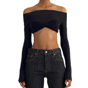 Chic black off-the-shoulder long sleeve crop top for women, slim fit solid color T-shirt