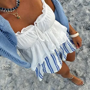 Women's blue striped beach shorts with casual elastic waist for summer vacation