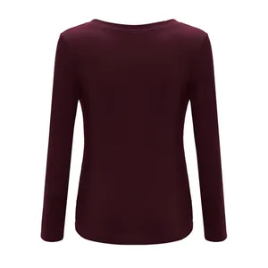 Back view of a slim-fit maroon long-sleeved t-shirt with ribbed texture