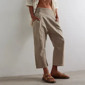Stylish khaki cropped harem denim pants for women with high waist and decorative seams
