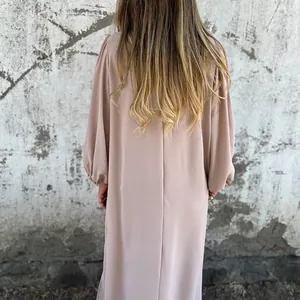 Elegant beige lantern sleeve solid color loose fit maxi dress back view detail