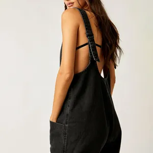 Detailed rear view of stylish black washed denim overalls featuring adjustable shoulder straps
