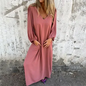 Full-length view of a rose pink V-neck maxi dress with elegant lantern sleeves