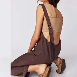 Detailed back view of brown denim overalls with adjustable straps and large pockets.