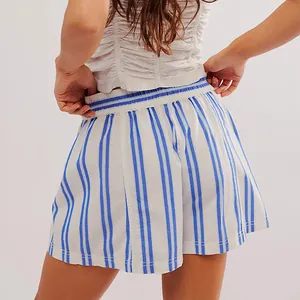 Back view detail of women's blue and white striped casual shorts with elastic waistband.