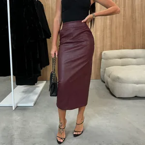 Elegant high waisted burgundy PU leather midi skirt with a back split detail