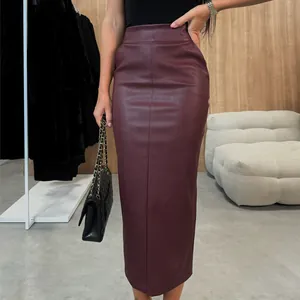 Elegant burgundy high waisted PU leather midi skirt with slim fit for autumn winter