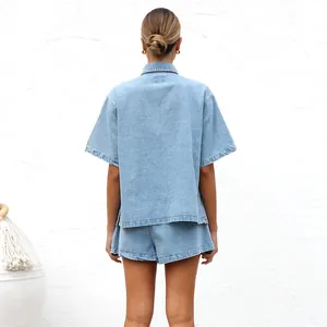 Back view of a casual light blue denim shirt and shorts set with a minimalist design