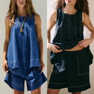 Women Casual Cotton Polyester Denim Style Top And Bottom Set Contrast Stitching Sleeveless Vest And Pocket Shorts Summer Outfit