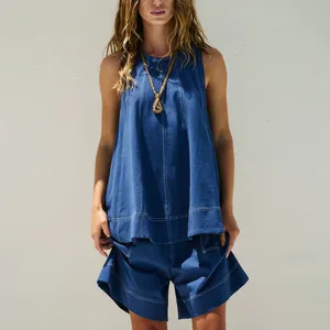 Bohemian summer casual loose sleeveless tank top and matching shorts two-piece set on model