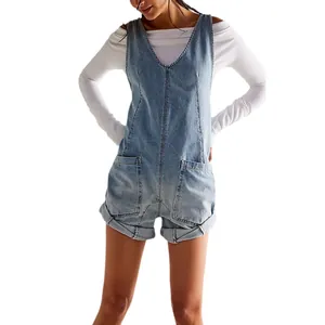 Western style blue washed denim romper with adjustable straps and front pockets
