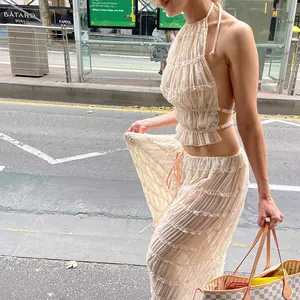 Ensemble deux pièces sexy dos nu plissé avec dentelle et jupe longue pour les vacances