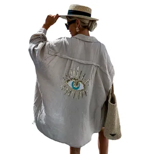Bohemian Oversize-Beige Langarmhemd mit Pailletten-Böser-Blick-Stickerei am Rücken