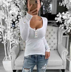 White U-neck slim fit waffle knit Henley shirt for women with sleeve button details