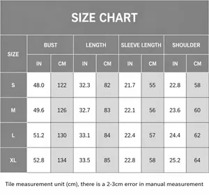 Comprehensive size chart for retro loose long-sleeved denim shirt with cm and inch units