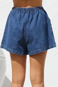 Close-up back view detail of women's casual loose blue denim shorts with elastic waist.