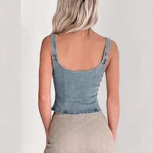 Detailed back view of a light blue denim tank top featuring vertical seam details