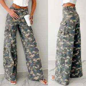 Women Camouflage Cargo Jeans Distressed Cotton Denim Straight Wide Leg Pants With Pockets Casual Streetwear Fall Trouser