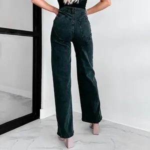 Women's black distressed straight-leg jeans featuring unique heart-shaped back stitching