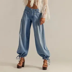 Women's Casual Washed Denim Jeans Loose Mid Waist Straight Pants With Large Pockets Drawstring Cuffs Fashion Bottoms