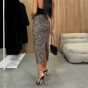 Detailed back view of a slim-fit high-waisted leopard print PU leather midi skirt with slit