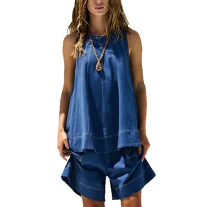 Casual loose blue sleeveless vest and shorts two-piece set with white contrast stitching
