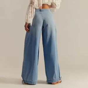Detailed back view of casual light blue washed wide-leg denim jeans for fashion women