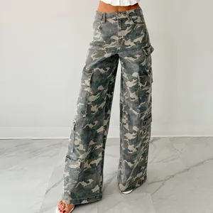 Detail view of women's camouflage cargo jeans with wide-leg cut and multiple pockets