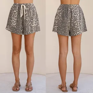 Women's casual loose leopard print shorts featuring a drawstring waist and side pockets