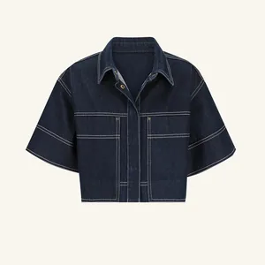 Dark blue denim crop shirt with white contrast stitching and collar details