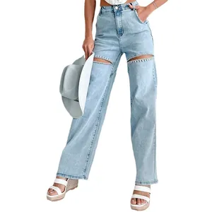 Women's high-waisted straight jeans with rhinestone-trimmed ripped knees in light wash denim.