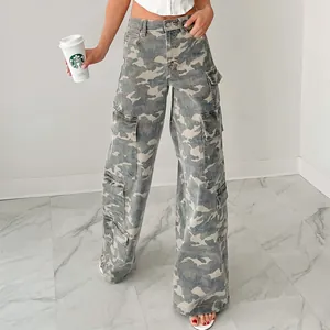 Casual women's camouflage cargo jeans with distressed wide-leg design for fashion