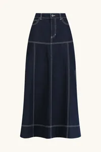 Front view of dark blue denim midi skirt with distinctive white contrast stitching