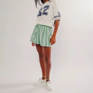 Green and white striped summer casual beach shorts for women with comfortable elastic waist